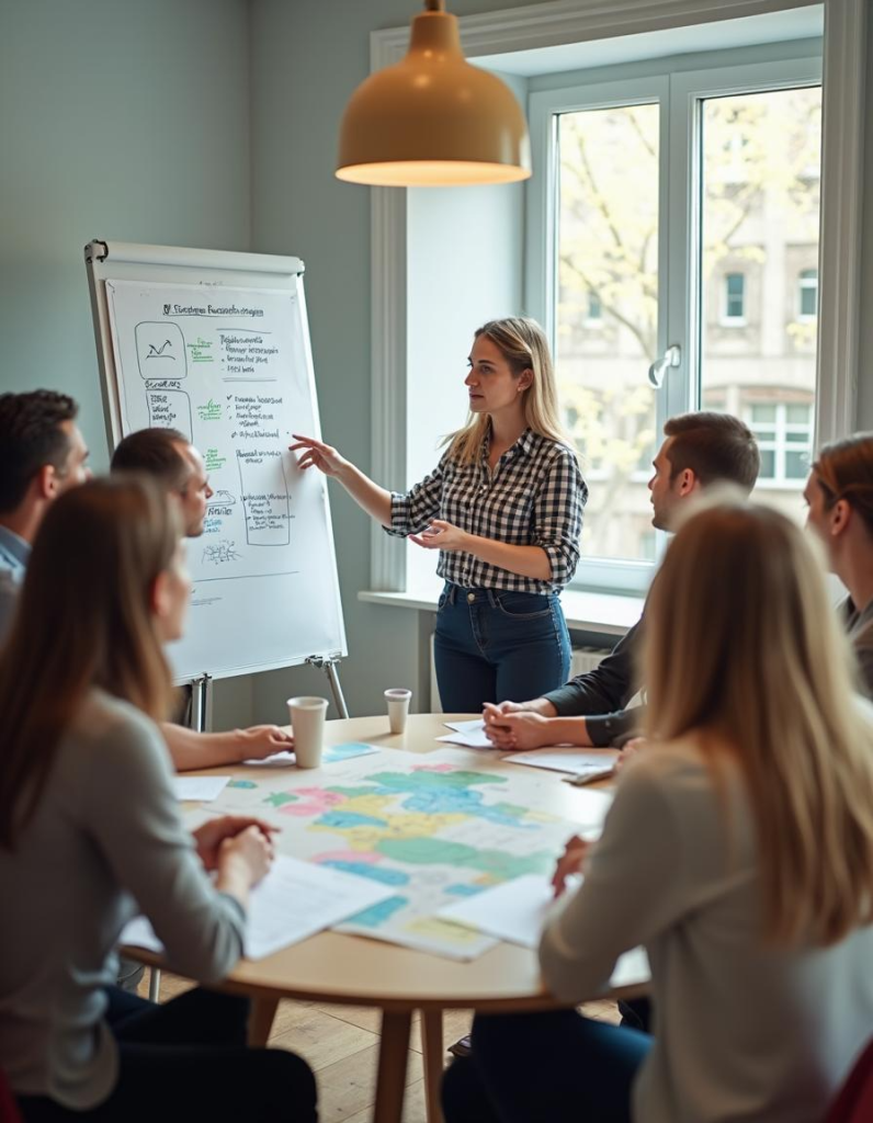 A structured flowchart guiding two individuals through a conflict resolution process, emphasising collaboration and problem-solving